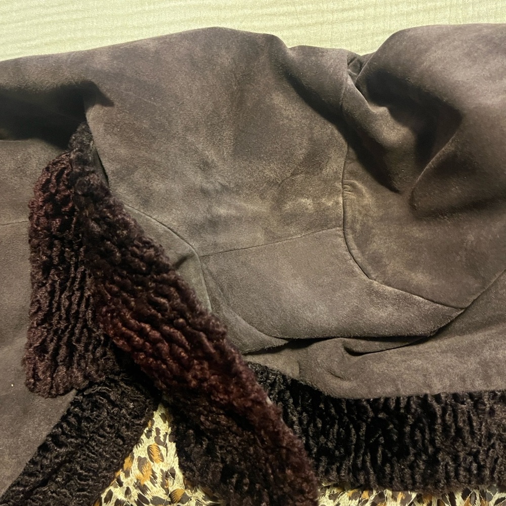 Margaret Godfrey Brown Suede Long Coat faux fur collar/trim gorgeous sz petite 6 - Picture 4 of 8